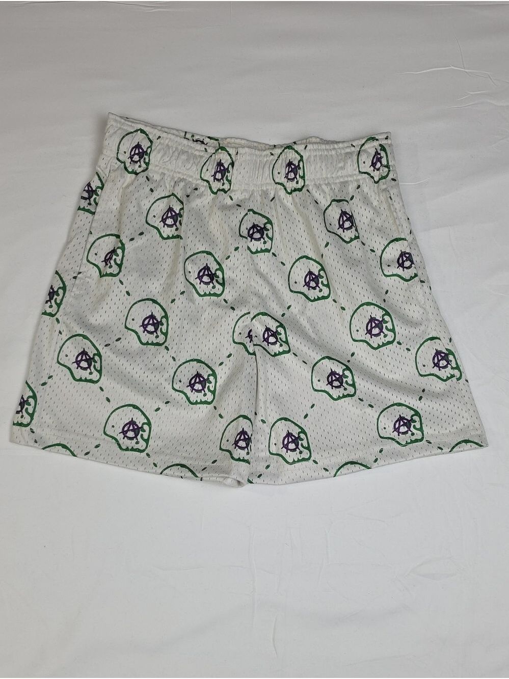 Bravest Studios White Mesh Shorts with Green & Purple Skull Motif Small